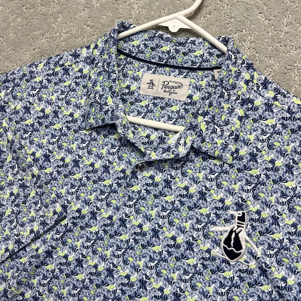 Original Penguin Polo Shirt Mens XL Blue Floral Umbrella Print Performance Golf